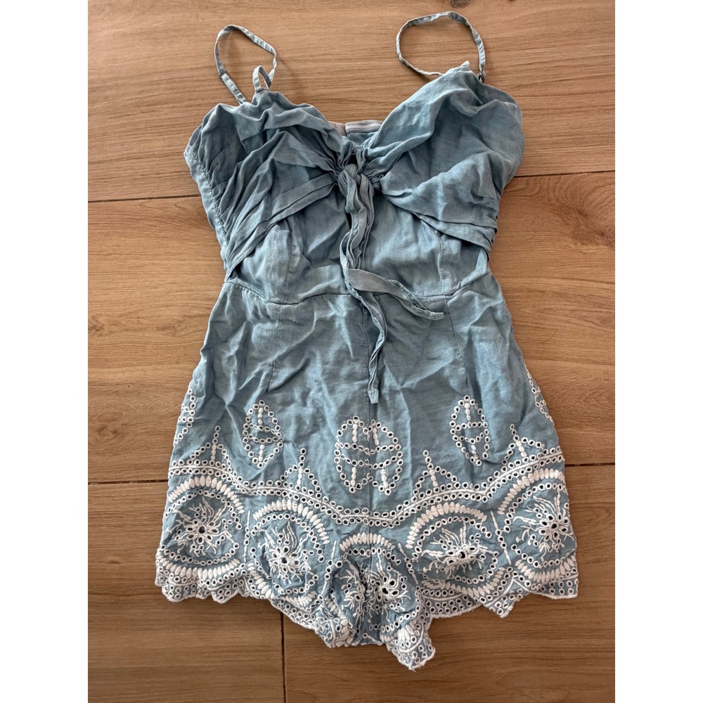 Lovers + Friends Chambray Eyelet Embroidered Romper Blue White Cut Out Back S